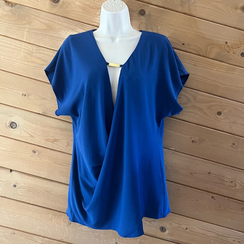 HALSTON Heritage Royal Blue Cap Sleeve V-neck Drape Tunic Blouse Top L